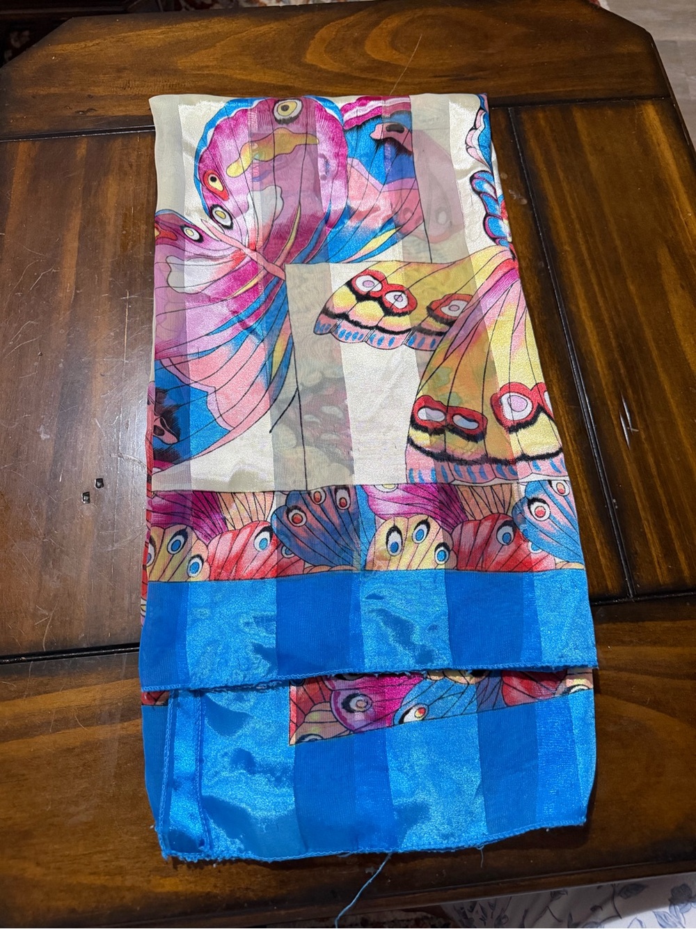 Bright Butterfly Print Scarf with Blue Border